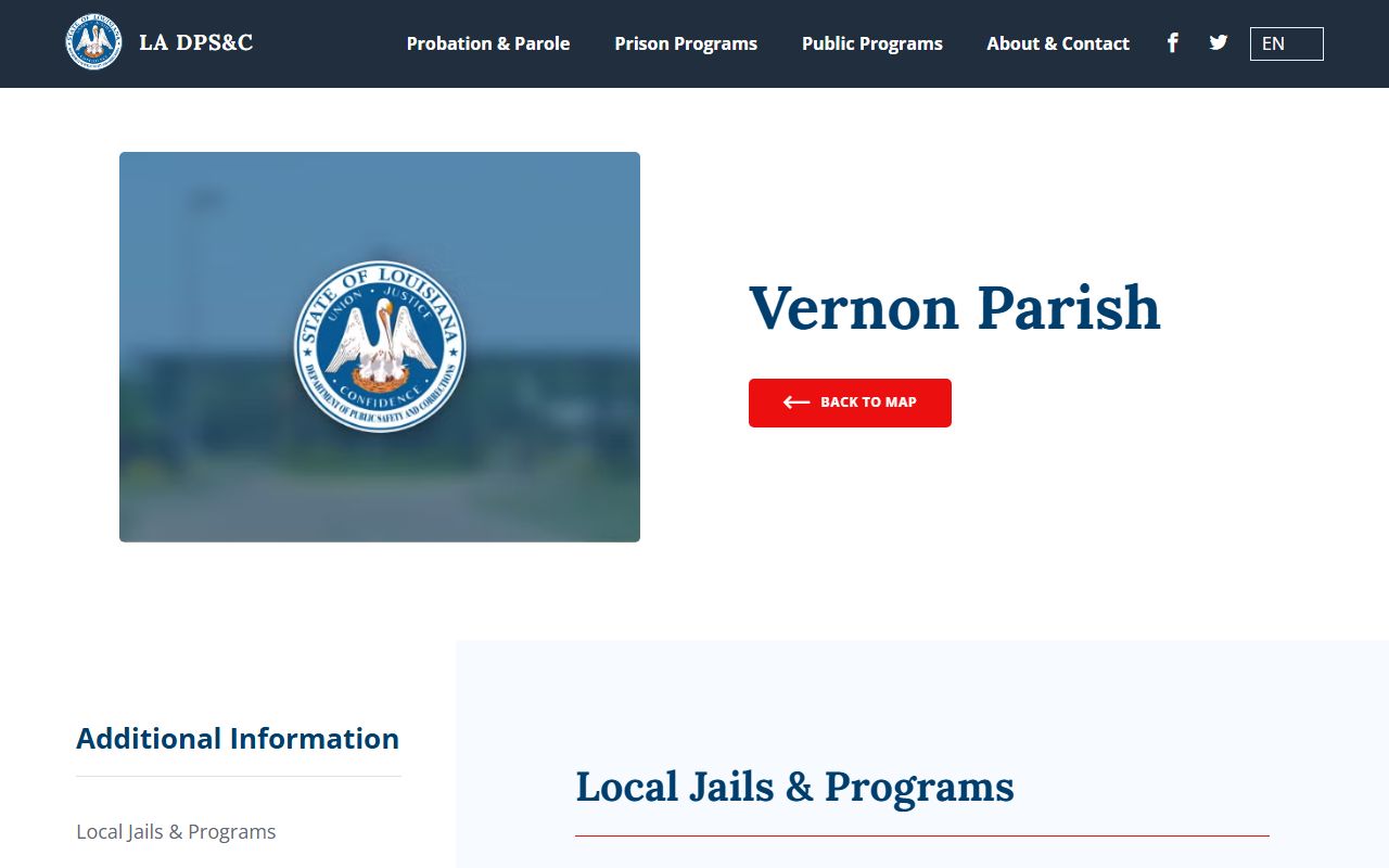 DPS&C Vernon Parish local jail contact page for inmate population research