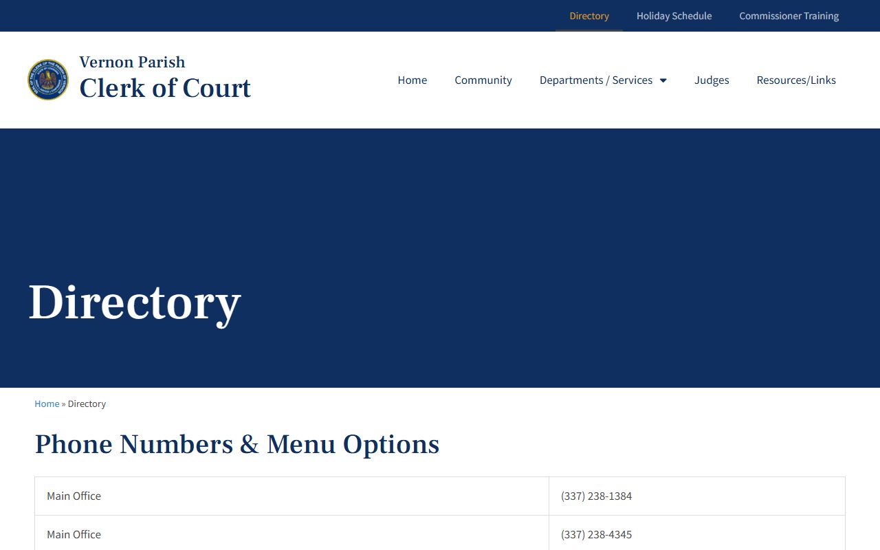 Vernon Parish Clerk directory for criminal and minute court records